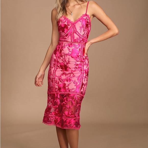 Lulus Dresses & Skirts - LULUS Deeply Cherished Hot Pink Lace Midi Dress XL